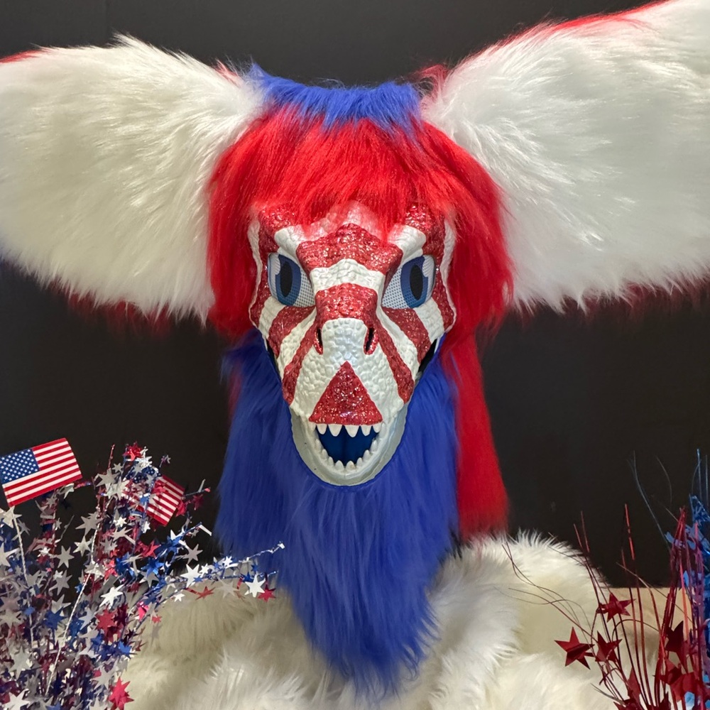 Dino Furry Mask. Patriotic Red White and Blue Glitter Fursuit Head  read detail